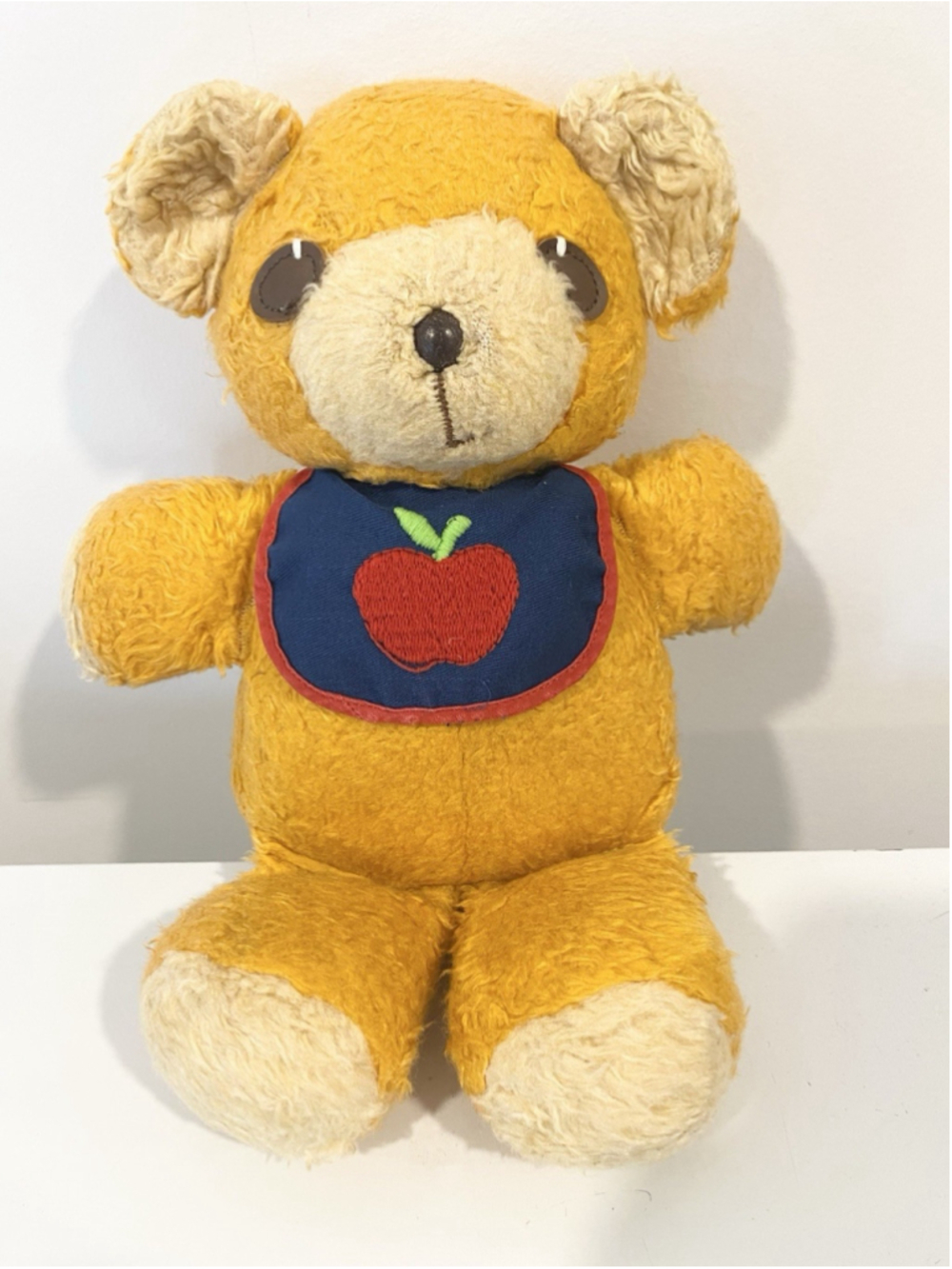 Vintage 1975 Fisher Price #418 Freddy Teddy Bear Apple Bib 11” Plush Squeaker